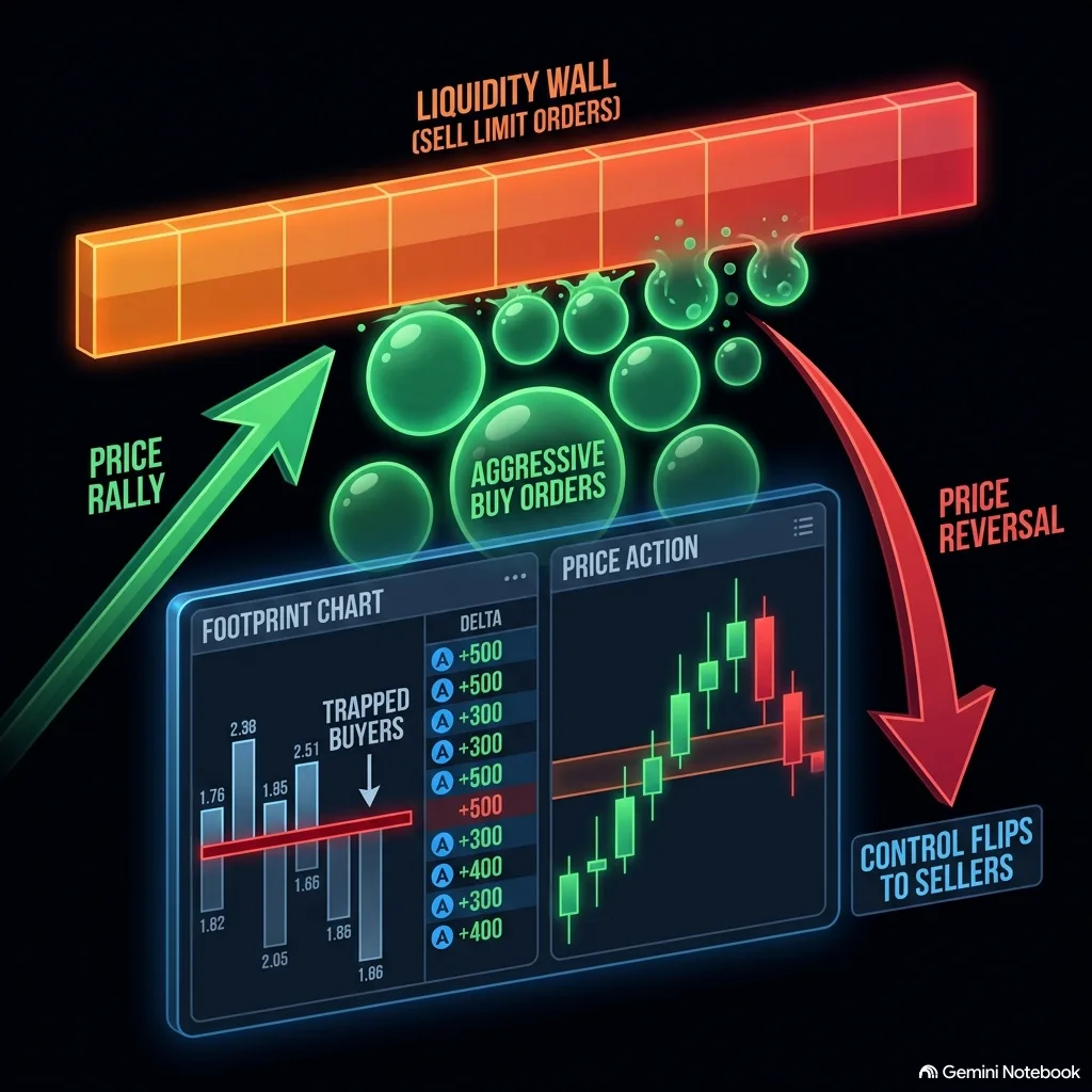 Market buys hitting a wall of sell limits. The buys print. Price does not go through the wall.
