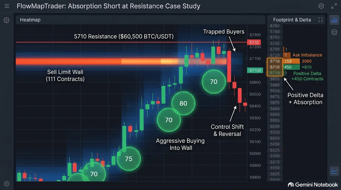 FlowMapTrader absorption short case study showing sell limit wall at 5710, aggressive buy bubbles into the wall, footprint ask imbalance with positive delta absorption, trapped buyers, and control shift reversal