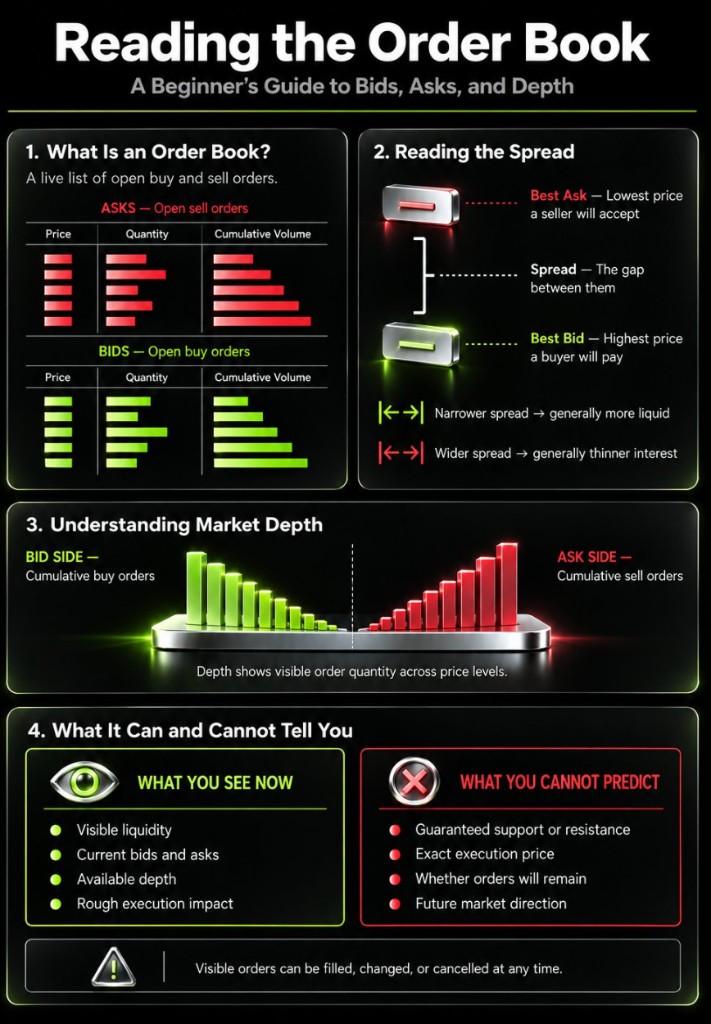 Reading the order book: asks are open sell orders, bids are open buy orders, the spread is the gap between best ask and best bid, and depth is size across prices.