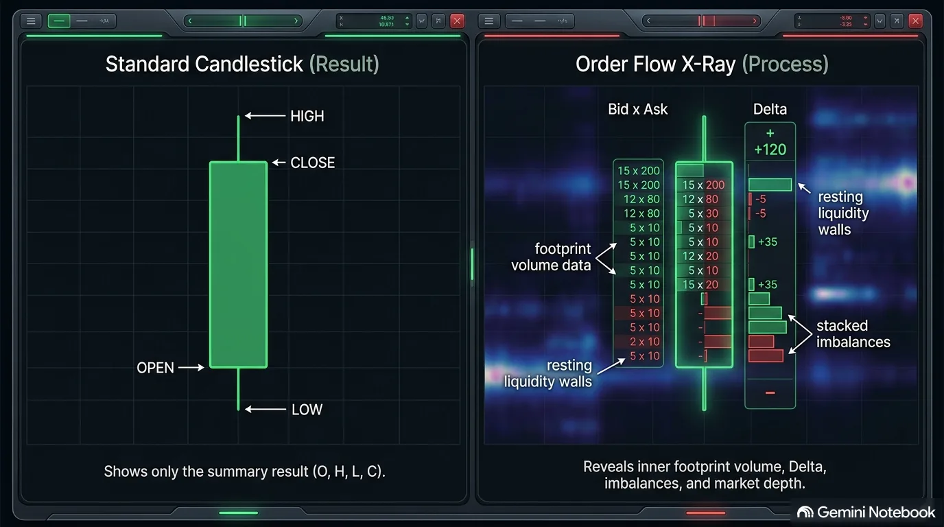 Standard candlestick showing only OHLC versus order-flow X-ray with footprint Bid×Ask, delta, stacked imbalances, and liquidity heatmap walls