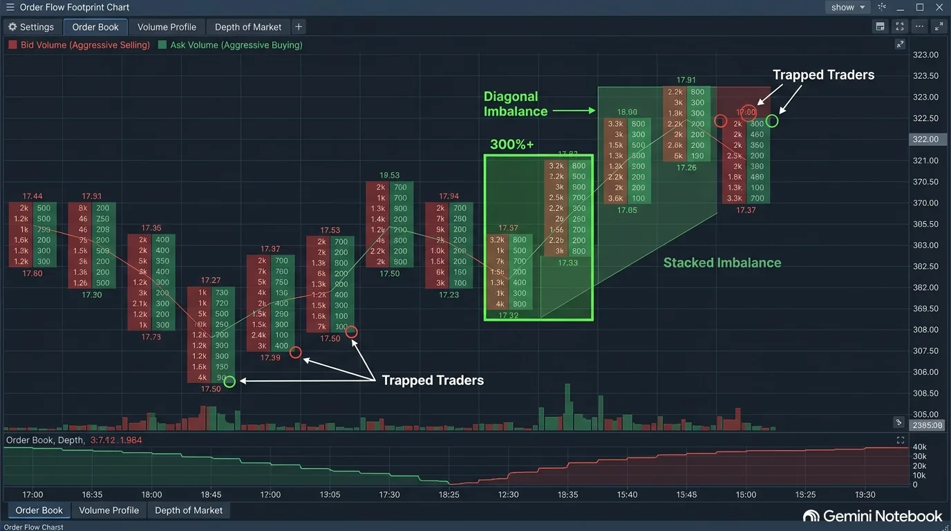 Order flow footprint chart showing bid and ask volume columns, diagonal imbalance lines, 300%+ ask imbalances, stacked imbalance zone, and trapped traders