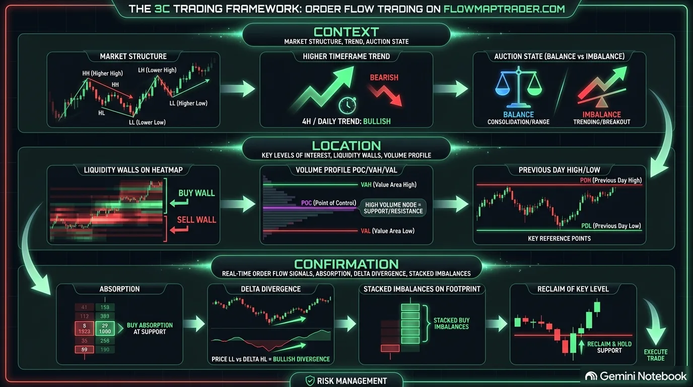 3C trading framework infographic showing Context with market structure and auction state, Location with liquidity walls volume profile and PDH PDL, and Confirmation with absorption delta divergence stacked imbalances and reclaim