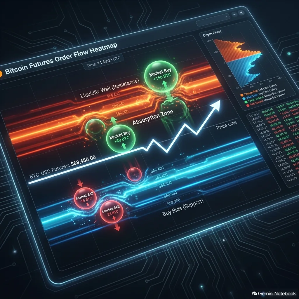Bitcoin Futures order flow heatmap showing sell liquidity walls, buy liquidity walls, market buy and sell bubbles, and an absorption zone where buys hit a sell wall