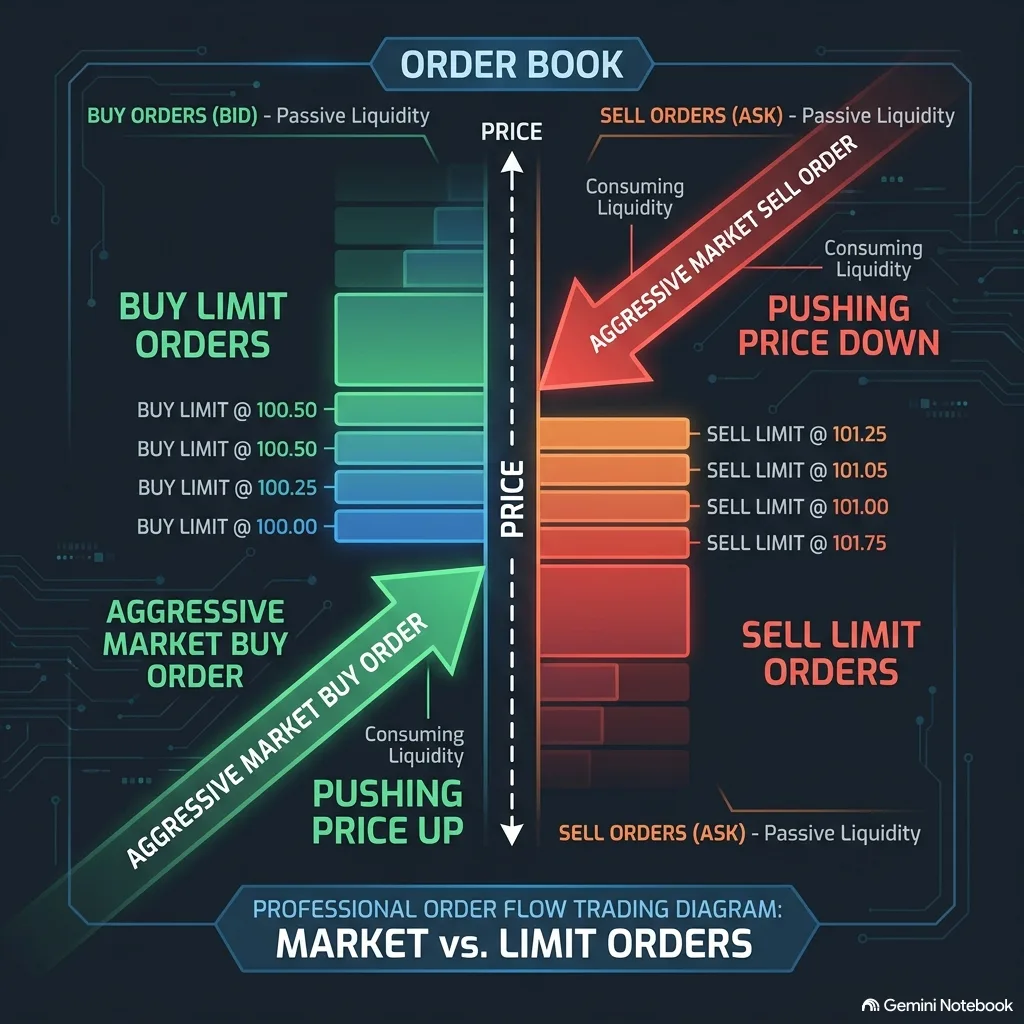 Market versus limit orders: aggressive market buy consumes ask liquidity and pushes price up; market sell consumes bid liquidity and pushes price down