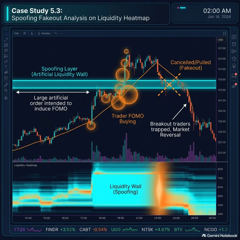 Spoofing fakeout analysis on liquidity heatmap showing artificial spoofing wall, FOMO buying bubbles, cancelled pulled wall marked with X, and market reversal trapping breakout traders