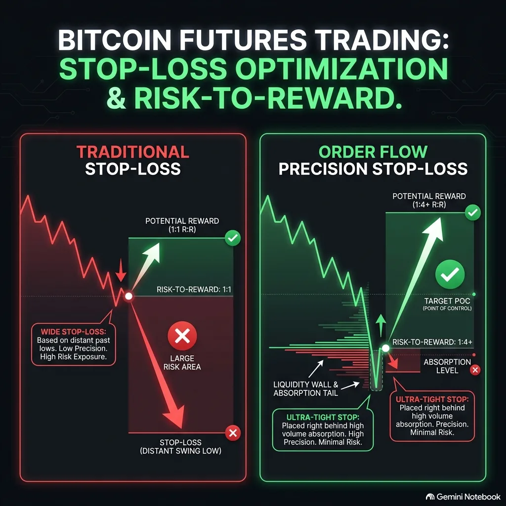 Comparison of traditional wide stop-loss under a distant swing low with 1:1 R:R versus order flow ultra-tight stop behind liquidity wall and absorption with 1:4+ R:R targeting POC