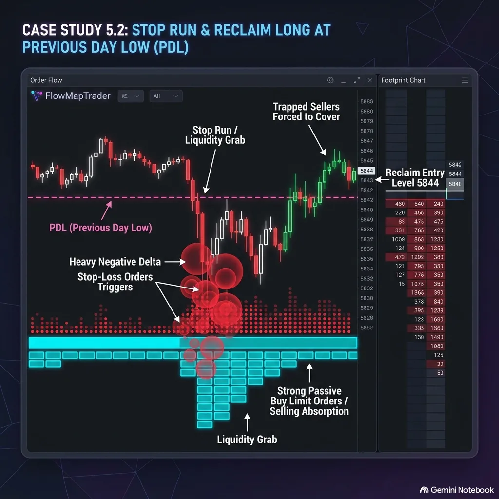 Stop run and reclaim long case study at previous day low 5844 showing heavy negative delta stop triggers, cyan buy limit absorption wall, reclaim entry above 5844, and trapped sellers covering