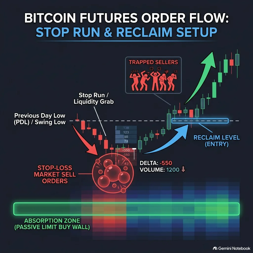 Bitcoin futures order flow chart showing stop run below previous day low, absorption zone with passive buy wall, reclaim entry level, and trapped sellers on the rally