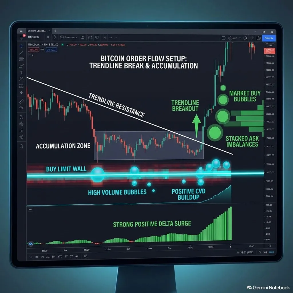 Bitcoin order flow setup showing descending trendline resistance, accumulation zone with buy limit wall, positive CVD buildup, trendline breakout with market buy bubbles, stacked ask imbalances, and strong positive delta surge