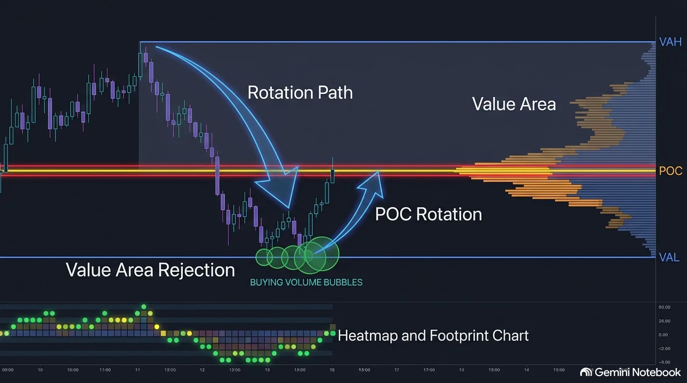 Volume profile chart showing value area between VAH and VAL, POC magnet, value area rejection at VAL with buying volume bubbles, and POC rotation path toward the center
