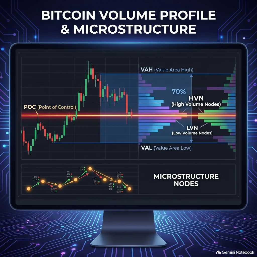 Bitcoin volume profile chart showing value area 70 percent between VAH and VAL, POC point of control, high volume nodes, low volume nodes, and a microstructure nodes panel